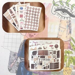 set of 7 vintage style PET sticker sheets for junk journaling & planning decor